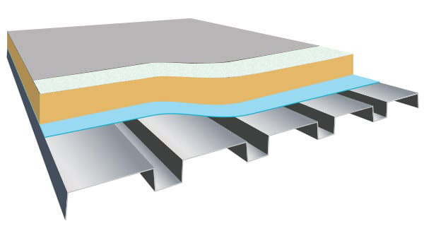 Metal deck, PVC membrane, tissue faced insulation
